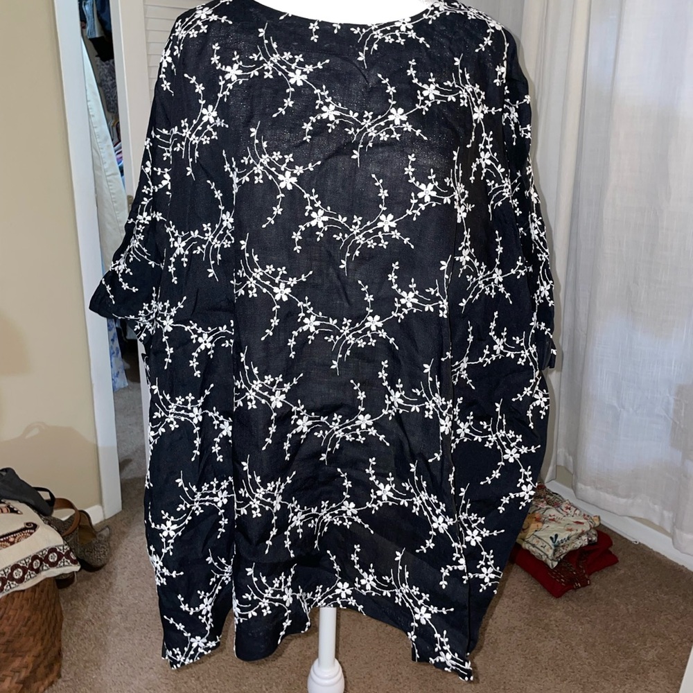 Eskandar O/S Darkest Black Navy 28"L White Asian Floral Linen Shirt Top